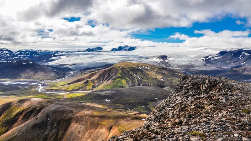 Langjökull glacier and winding Highland rivers seen from Rauðkollur