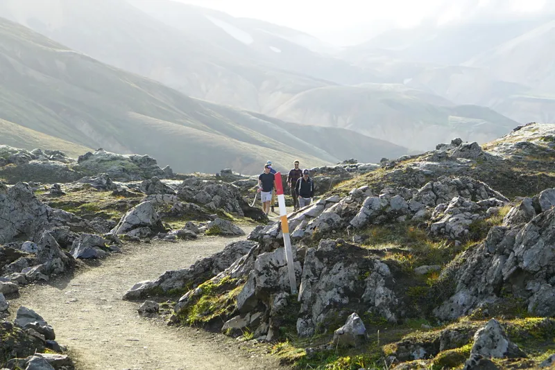 Hikers following a marked path through dark lava formations at Laugahraun in Landmannalaugar
