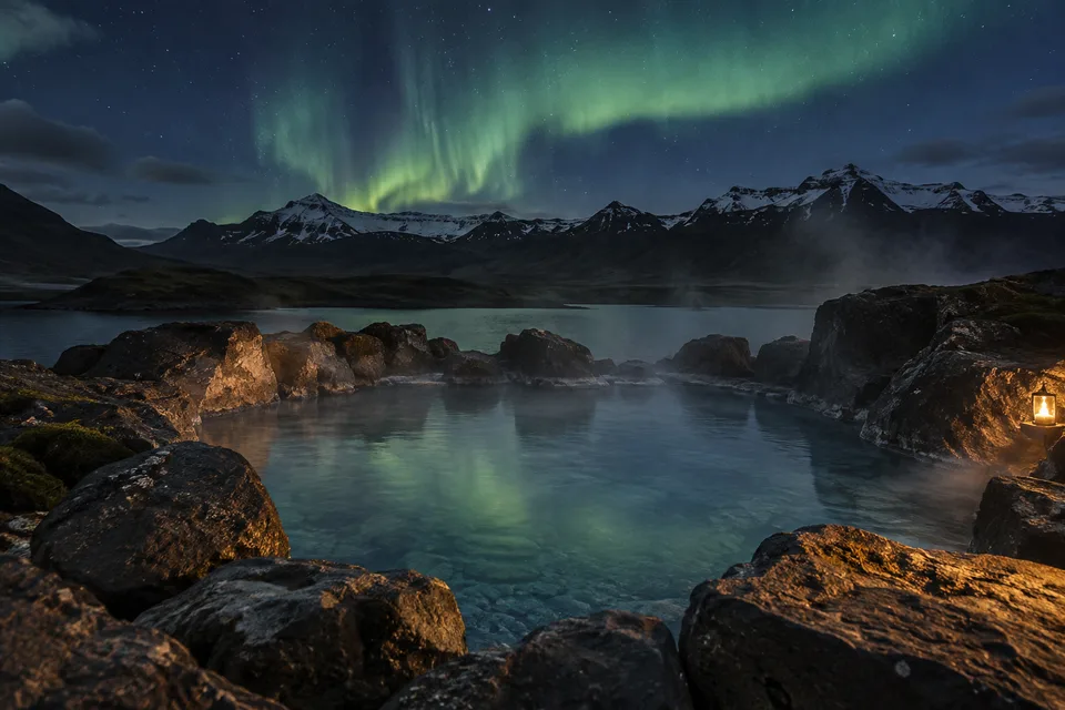 AI-generated illustration of Northern Lights Hot Springs