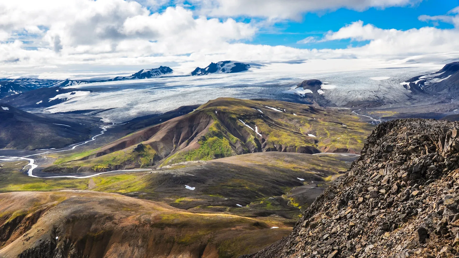 View from the top of Mt. Raudkollur, of Langjokull glacier and the many rivers snaking their way through the highlands